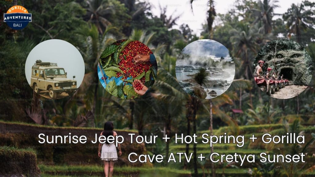 Batur Sunrise Jeep Tour with Hot Spring Gorilla Cave ATV and Cretya Sunset